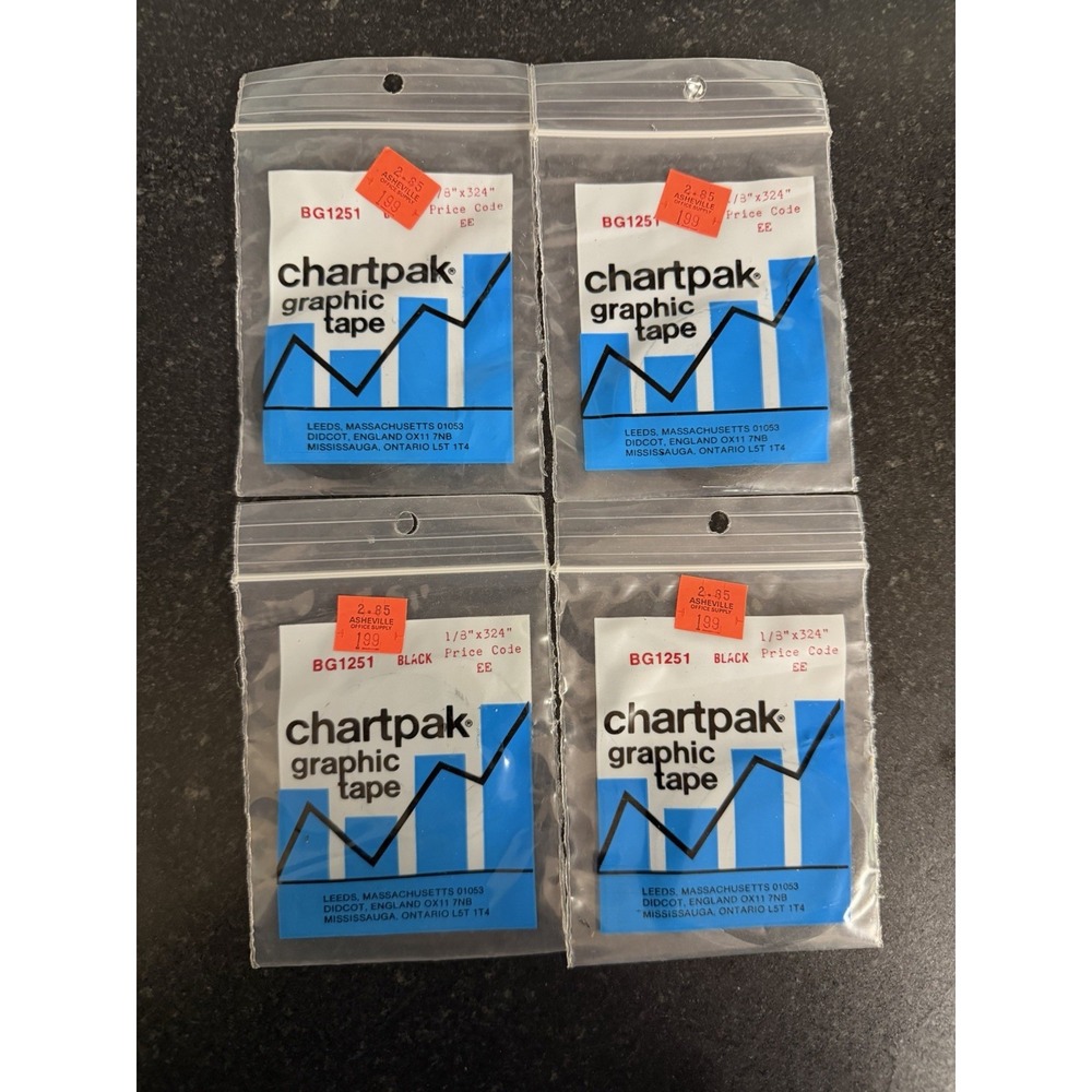Vintage Chartpak Graphic Tape BG1251 Black 1/8" x 324" Lot of 4 NOS Sealed